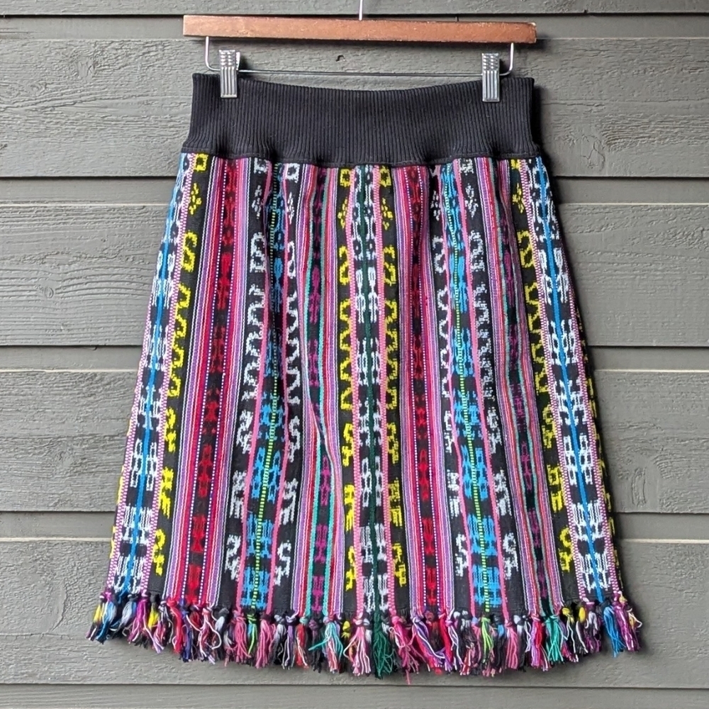 Handmade Colorful Woven Midi Skirt with Fringe Women's Small